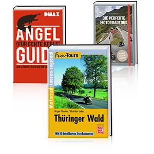 Tres guías turísticas sobre rutas en moto, pesca y el bosque de Turingia con portadas a color.